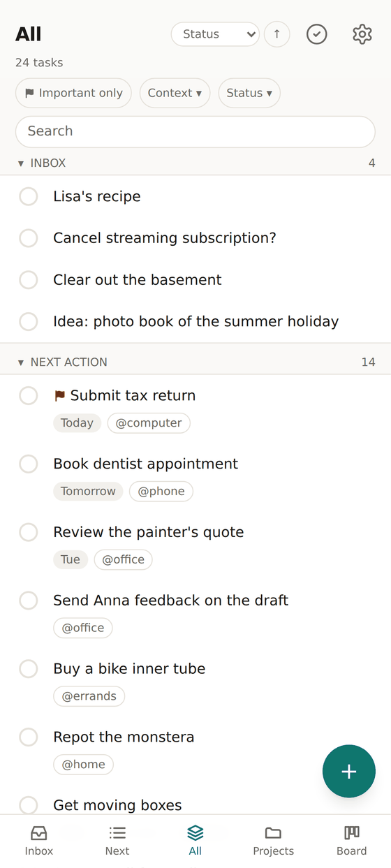 The All view with the sections Inbox and Next action