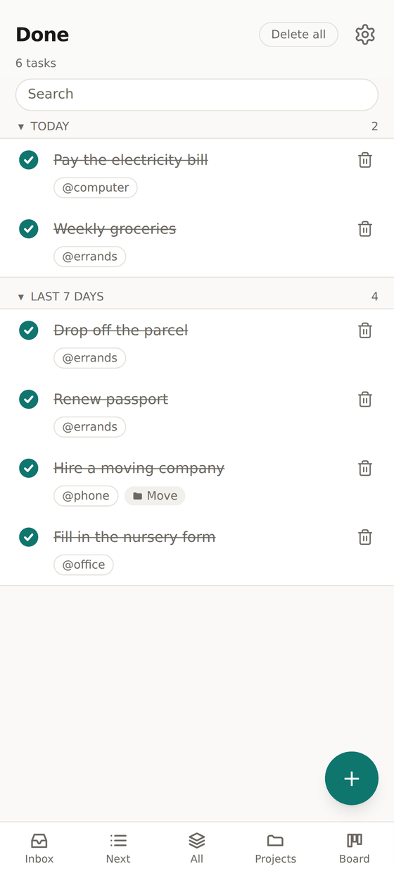 The Done view with tasks completed today and in the last seven days