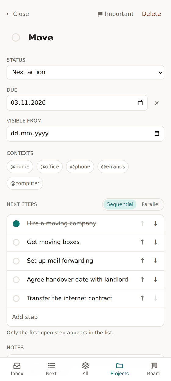 Detail view of the project “Move” with status, due date and five steps